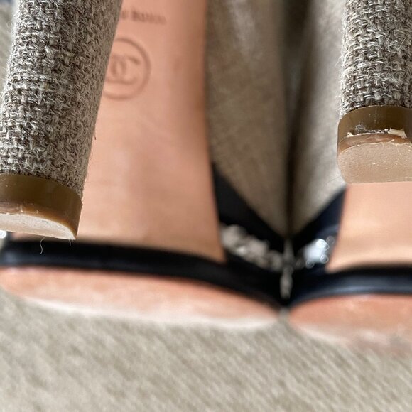 Chanel Beige Canvas and Black Leather Peep Toe Platform Slingbacks, Size 41 - Picture 7 of 14